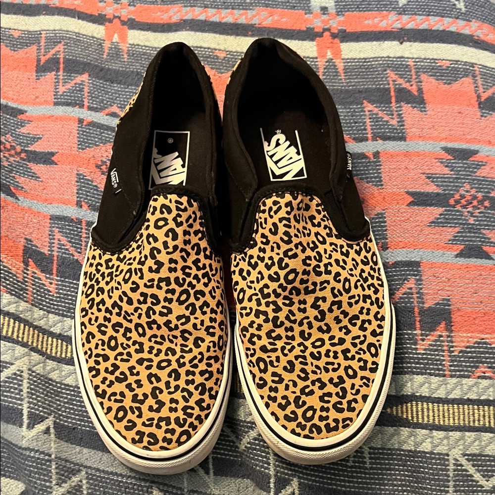 Vans Black and Tan Leopard/cheetah Slip-On Sneakers size 10